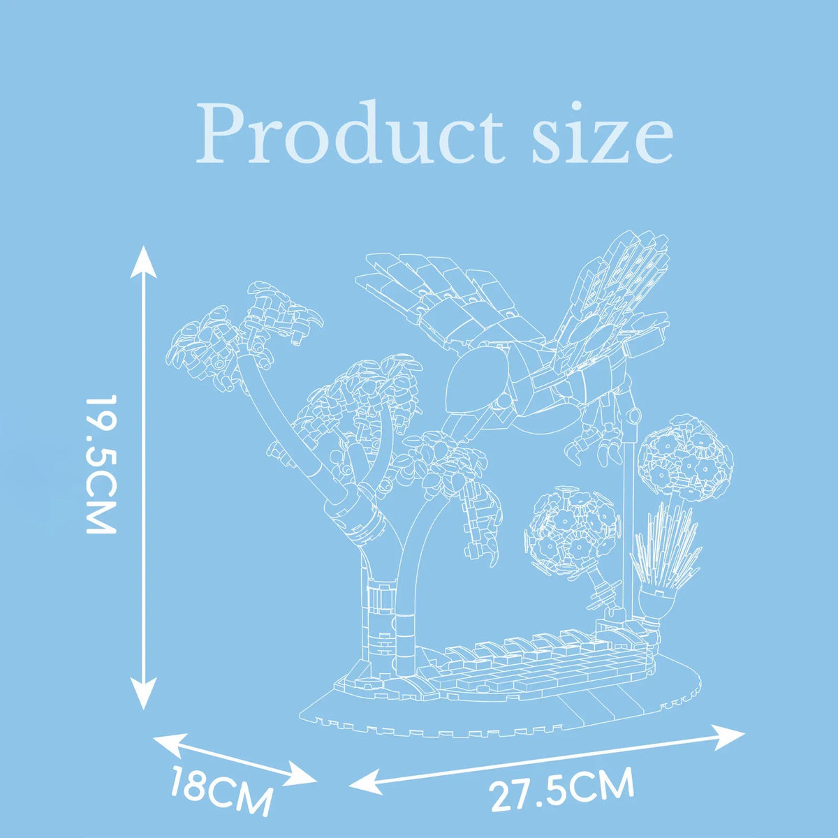 Light blue blueprint diagram of a brick bird sculpture with size measurements