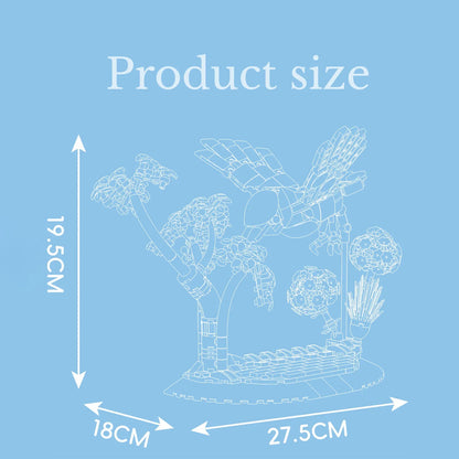 Light blue blueprint diagram of a brick bird sculpture with size measurements