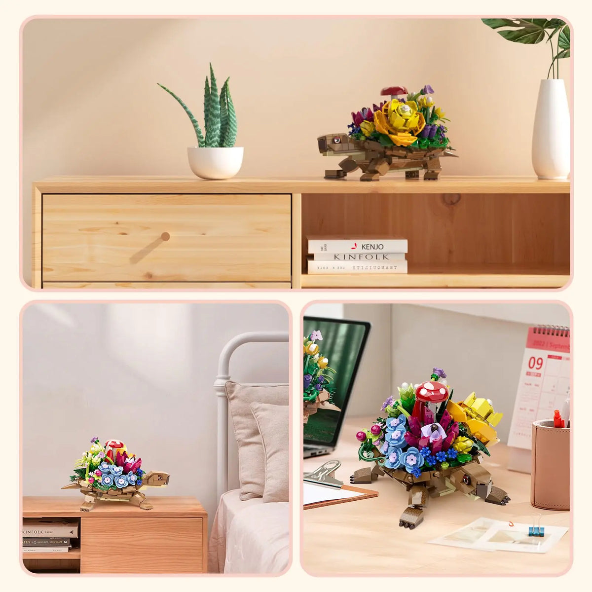 Floral turtle building set displayed on wooden dresser with flower-like brick details