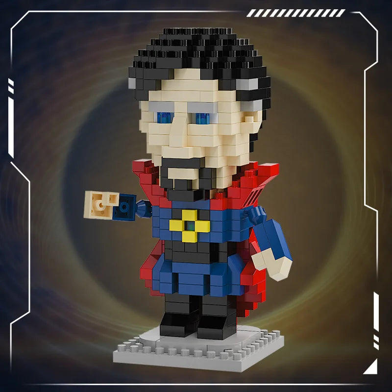 Mini brick hero figure in blue and red with black belt, holding a small blue brick on gray base