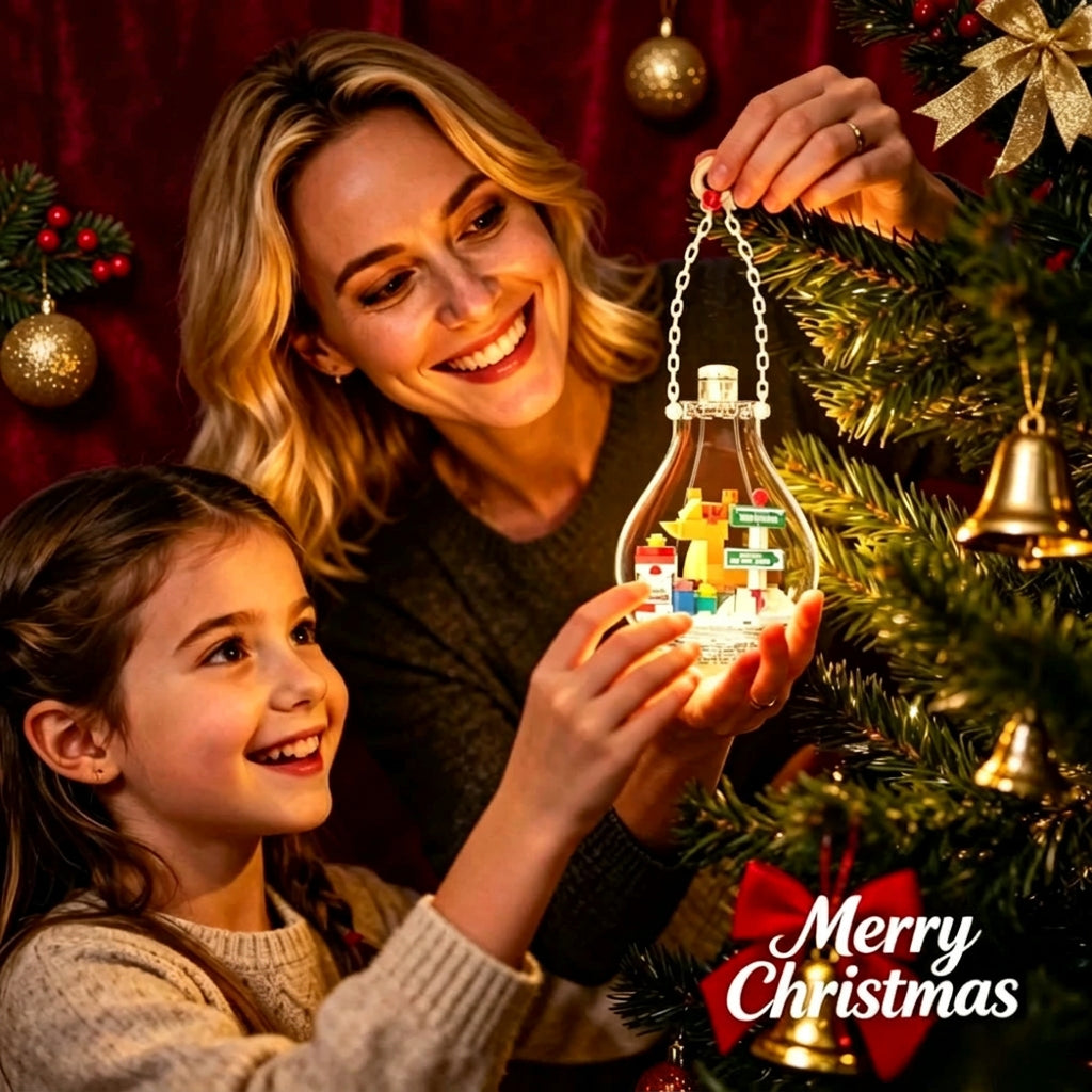 Christmas building ornament in a clear hanging bulb with a miniature brick scene