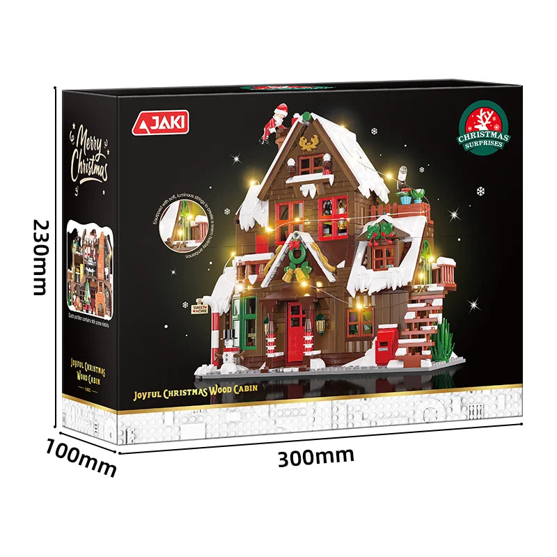 JAKI Christmas wood cabin building set box, 300mm x 100mm x 230mm, lit chalet design