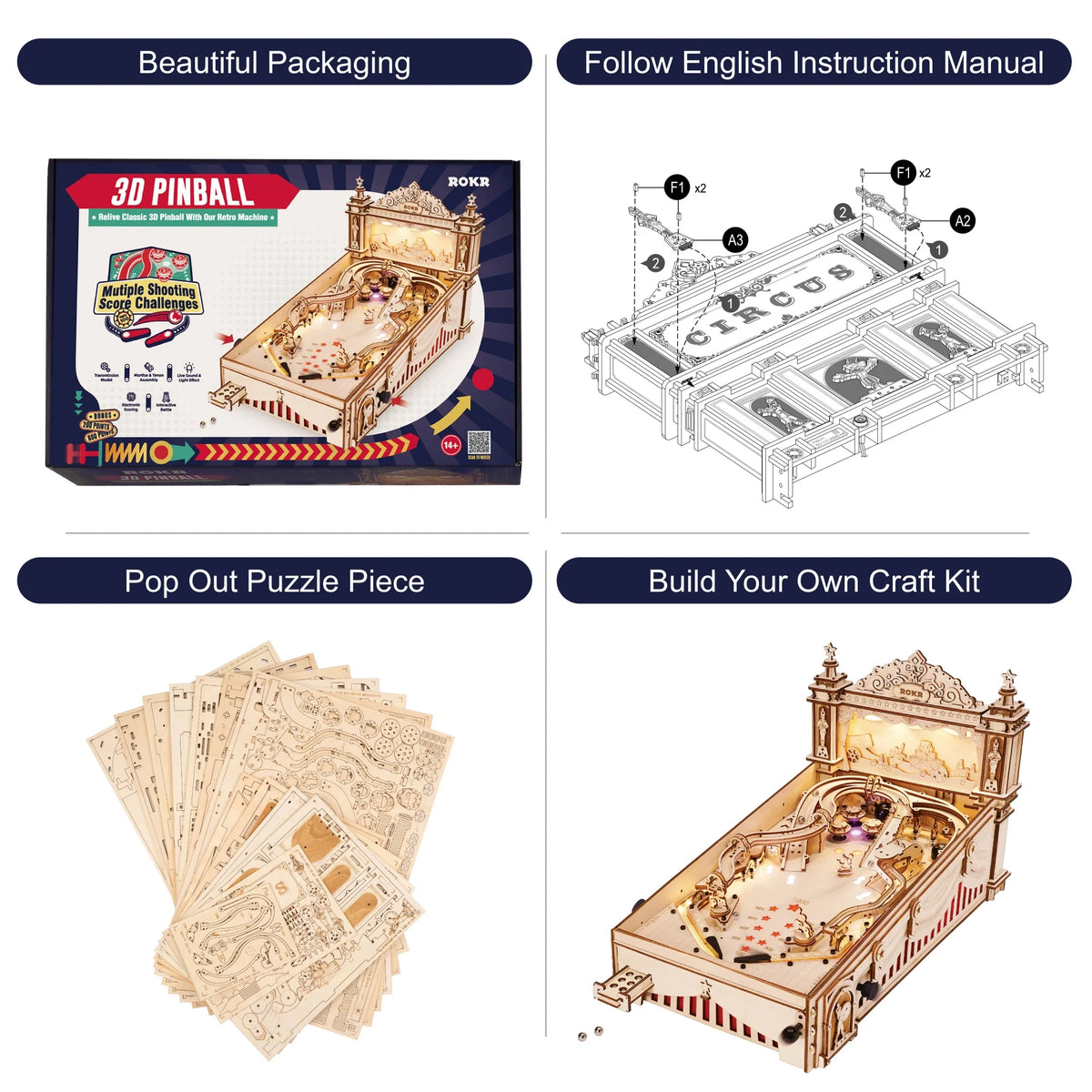 Wooden pinball machine kit box, instruction manual, and flat puzzle pieces