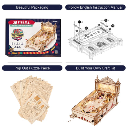 Wooden pinball machine kit box, instruction manual, and flat puzzle pieces