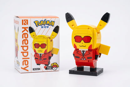 Pokémon brickhead building blocks, Pikachu figure in red suit and sunglasses