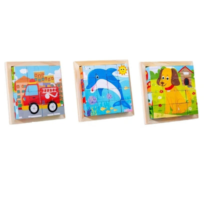 Wooden cube puzzle set with three framed animal tiles: fire truck, dolphin, and dog