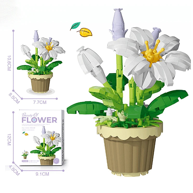 White and green flower pot building blocks with yellow flower centers in a tan pot