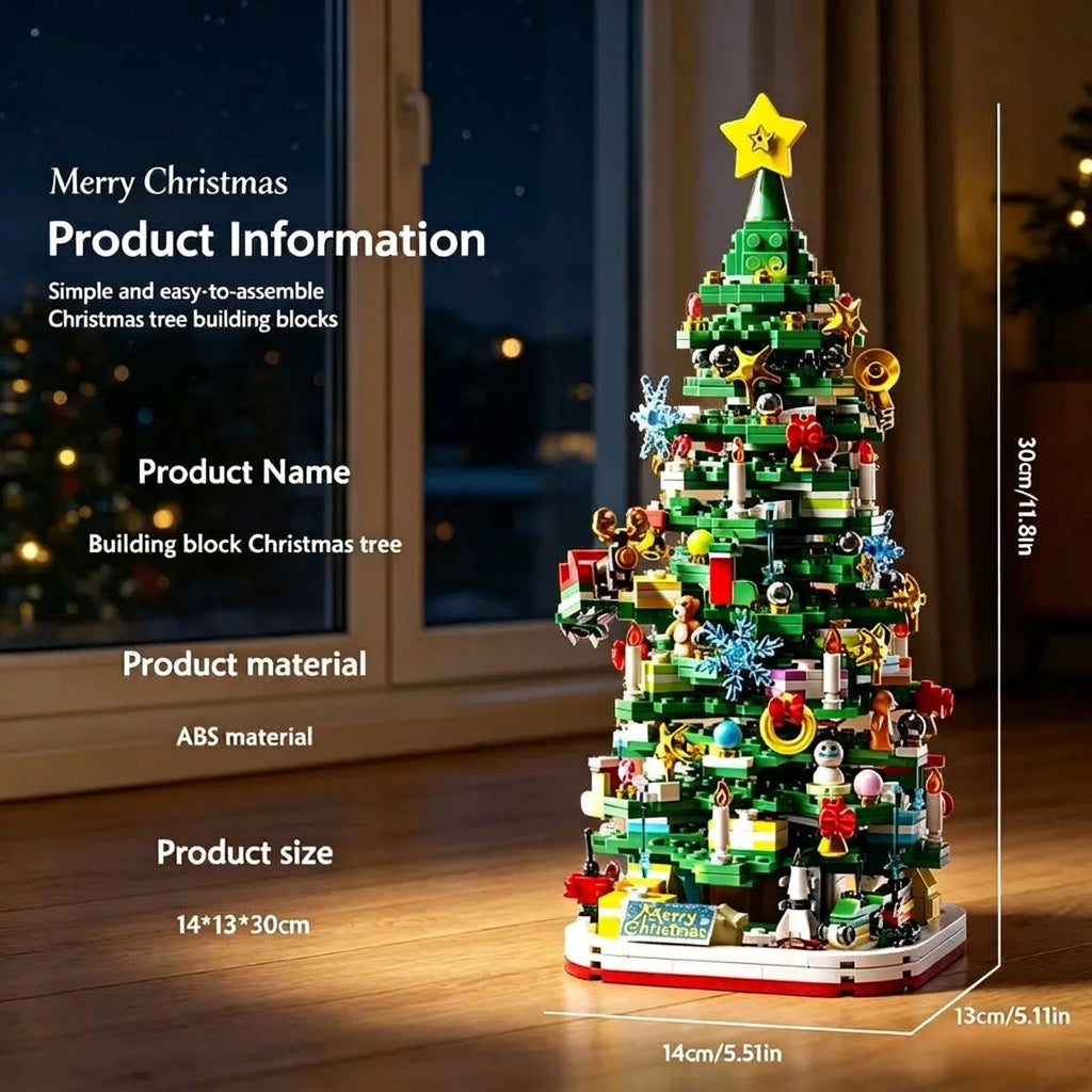 Building block Christmas tree with star topper and decorated green branches; 30 cm tall