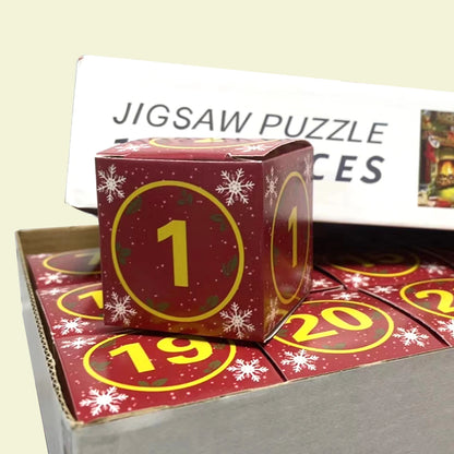 Christmas advent jigsaw puzzle display with stacked number 1 boxes and snowflakes