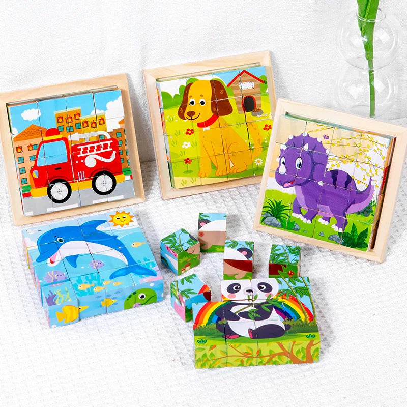 Wooden cube animal puzzle set showing dog, elephant, and bear picture tiles