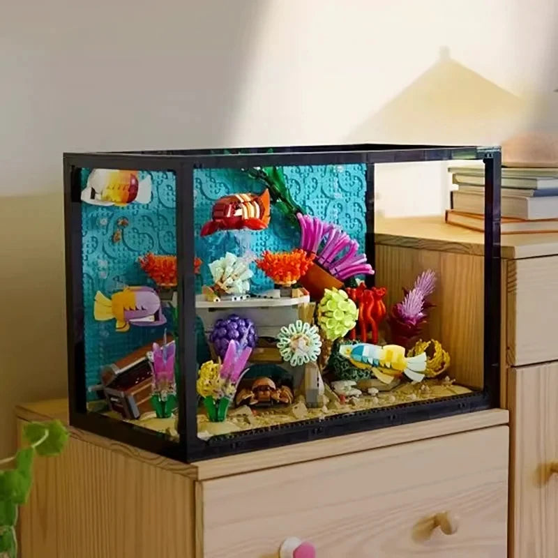 Black aquarium building set display case with colorful coral and fish figures