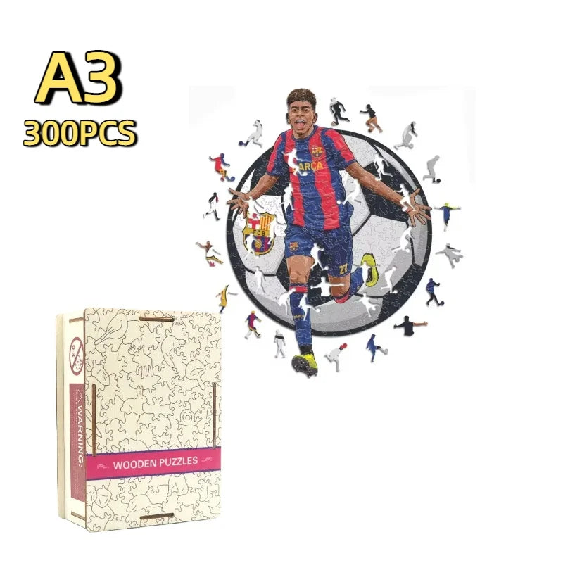Wooden 300-piece football puzzle with blue-red player artwork and puzzle box