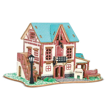Wooden mini house model with blue roof and red-and-brown walls, welcome sign