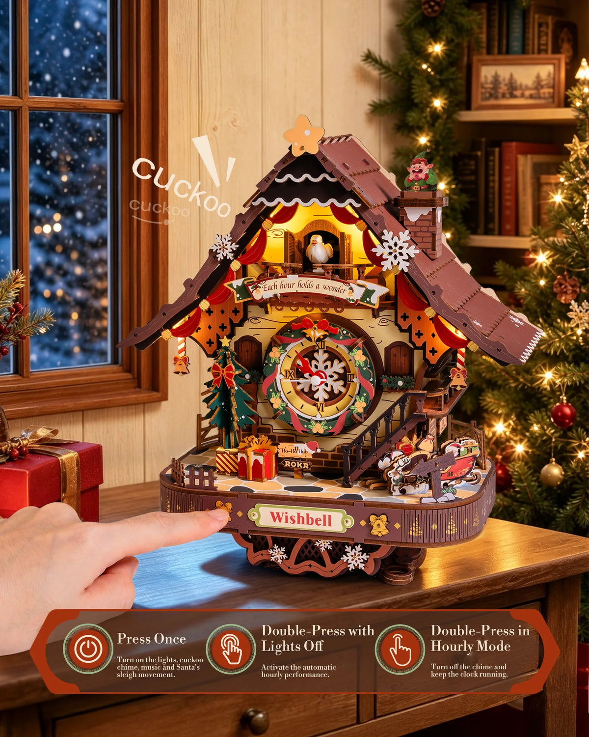 Christmas wooden cuckoo clock with a button below the festive clock face