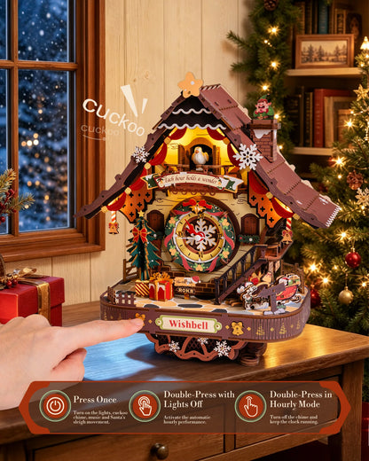 Christmas wooden cuckoo clock with a button below the festive clock face