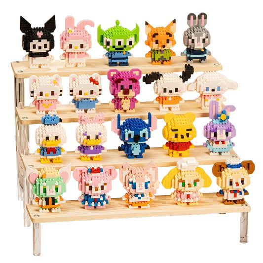 Cartoon mini brick character set on display with multiple small figures