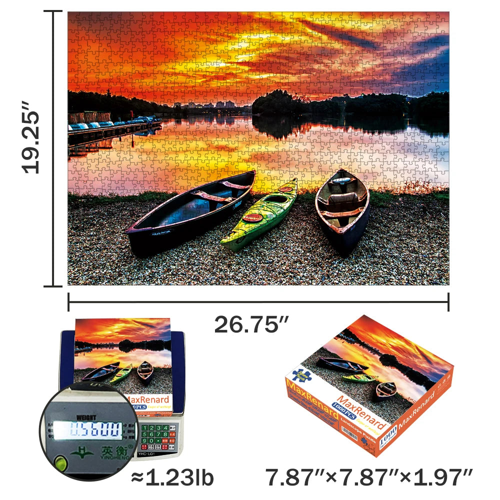 Sunset Kayaks 1000-piece jigsaw puzzle shown with its assembled dimensions and box size