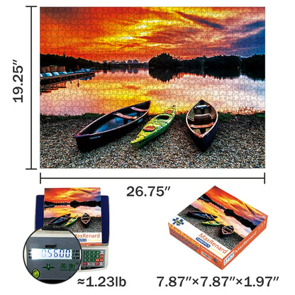 Sunset Kayaks 1000-piece jigsaw puzzle shown with its assembled dimensions and box size