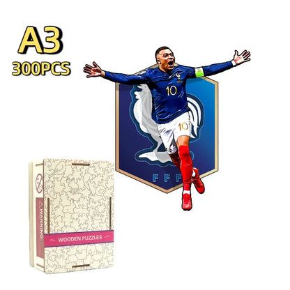 A3 300-piece wooden football jigsaw puzzle set with blue jersey player and box