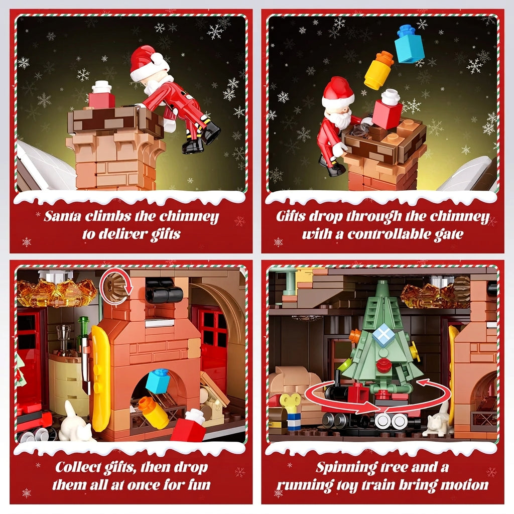 Four-panel instruction card showing Santa climbing chimney, gifts through gate, and spinning tree
