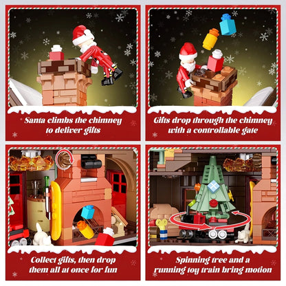 Four-panel instruction card showing Santa climbing chimney, gifts through gate, and spinning tree