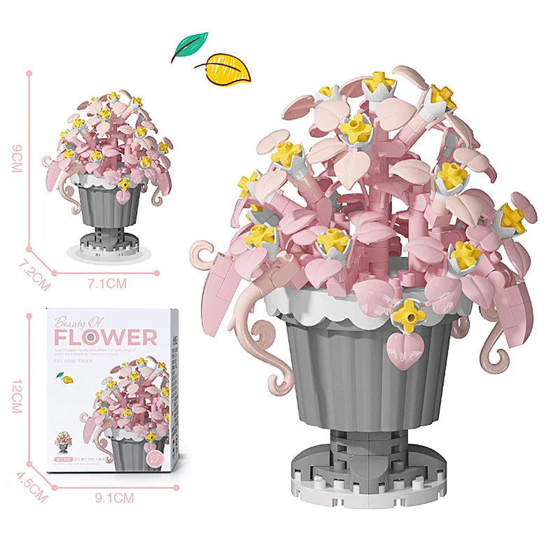 Pink and white flower pot building blocks with a gray pot and blooming floral pieces