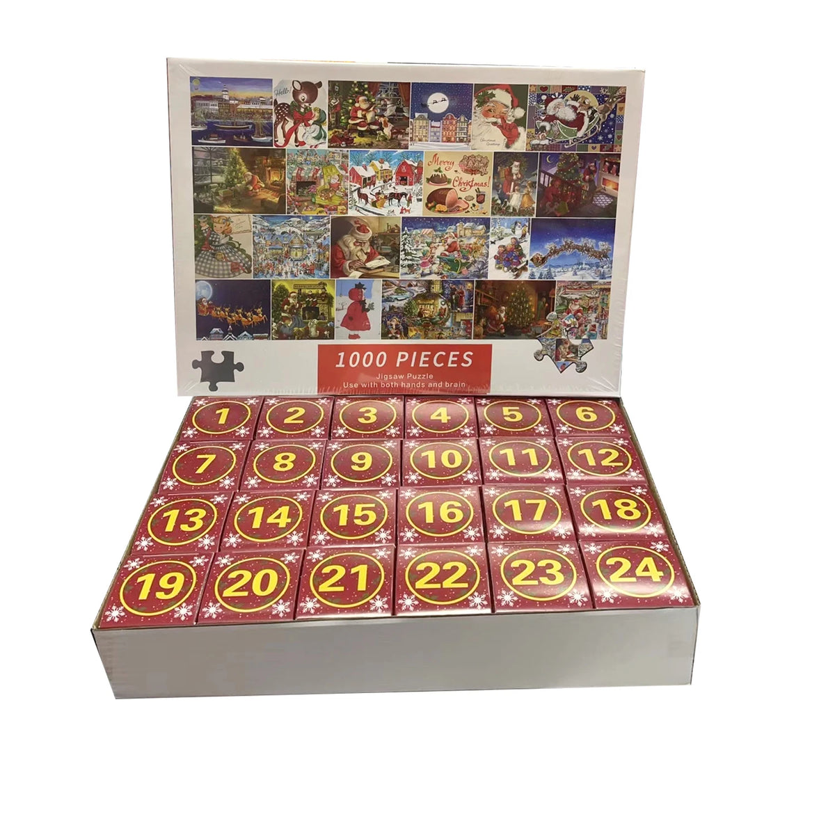 Christmas advent jigsaw puzzle back panel collage with numbered compartments 1 to 24