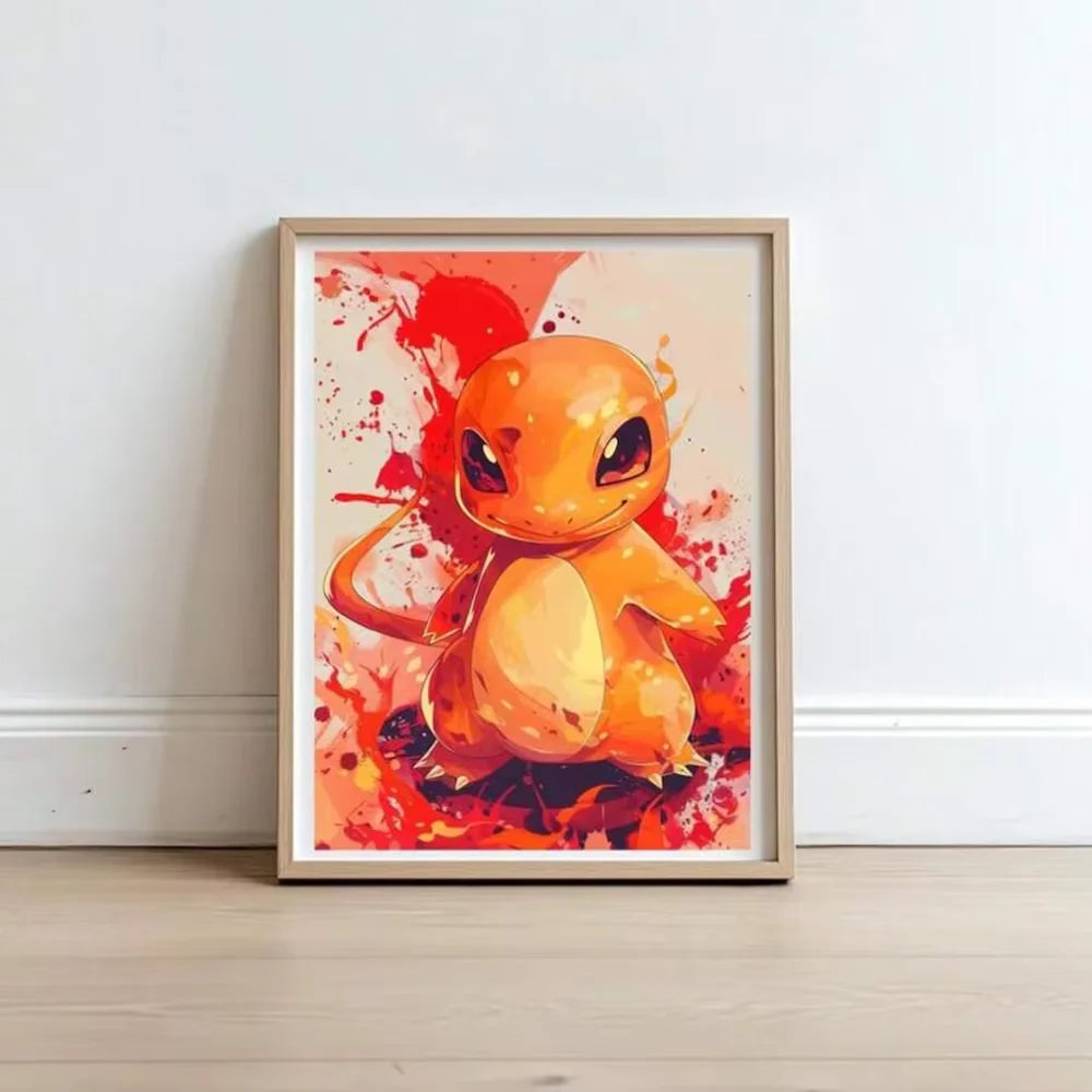 Framed watercolor print of an orange lizard character with splash paint background