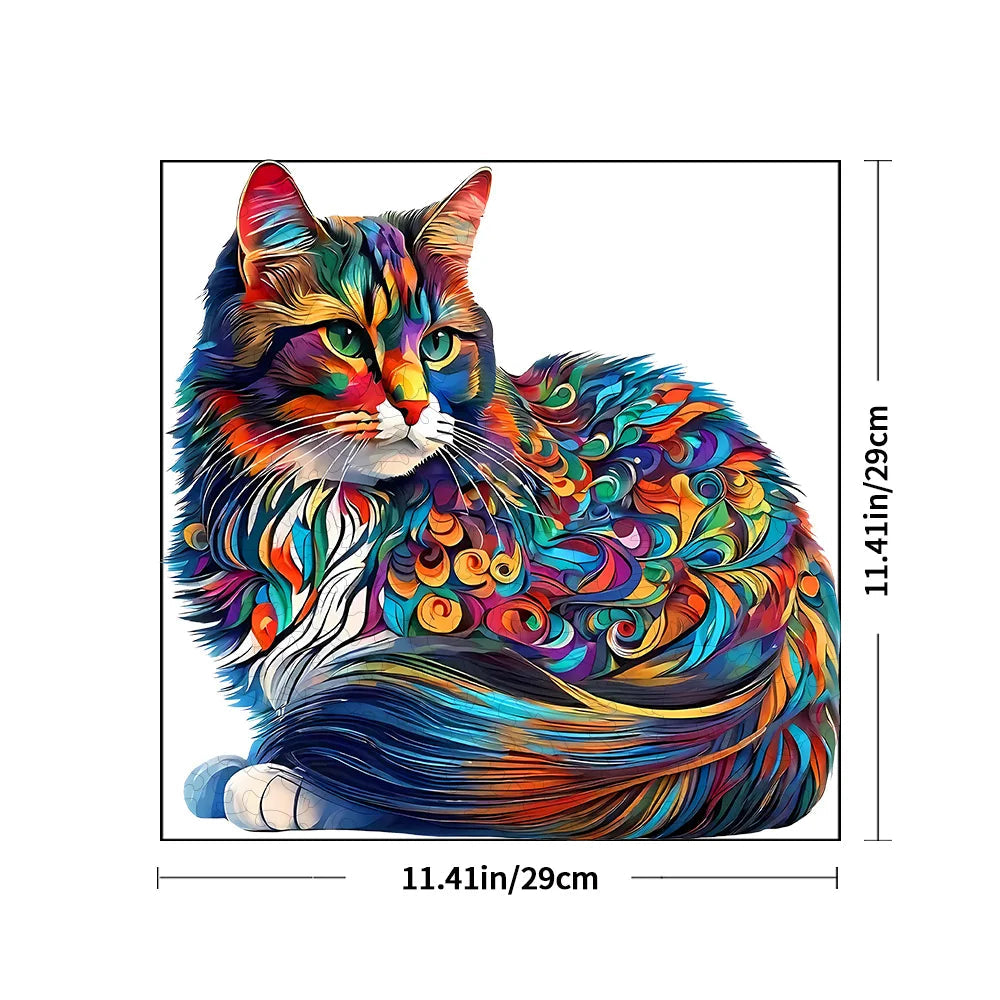 Colorful cat illustration with dimensions on a white background