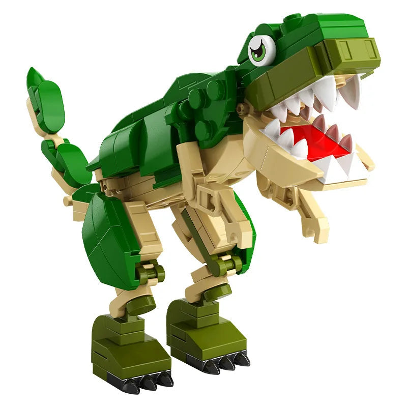 Green and tan dinosaur building block model with open jaws
