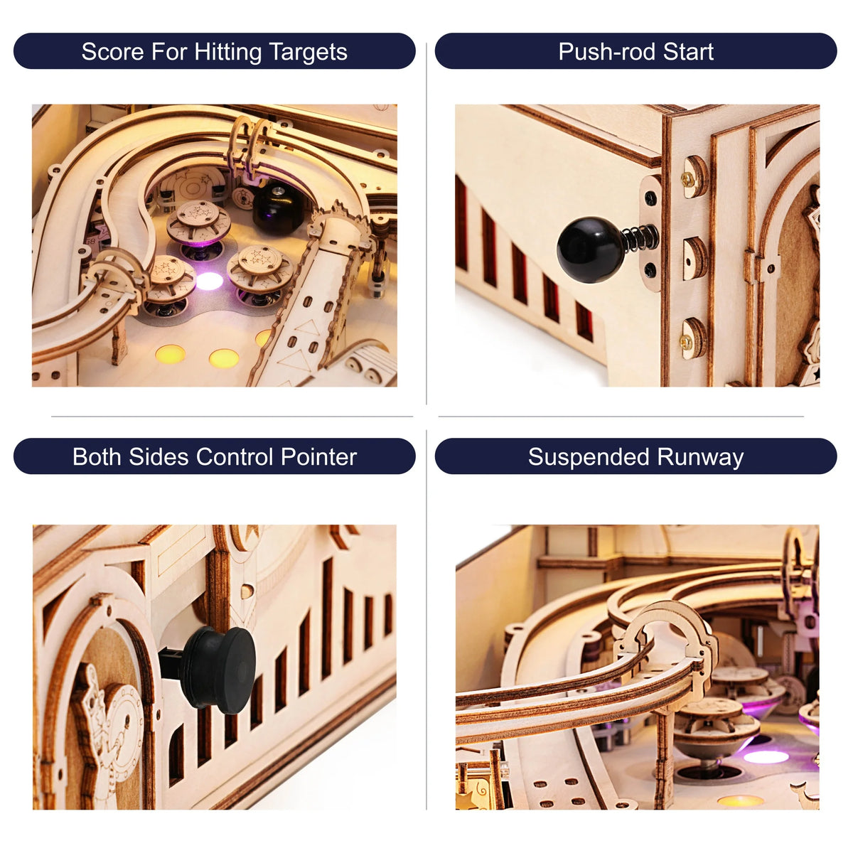 Wooden pinball machine feature closeups: targets, start lever, control pointer, runway