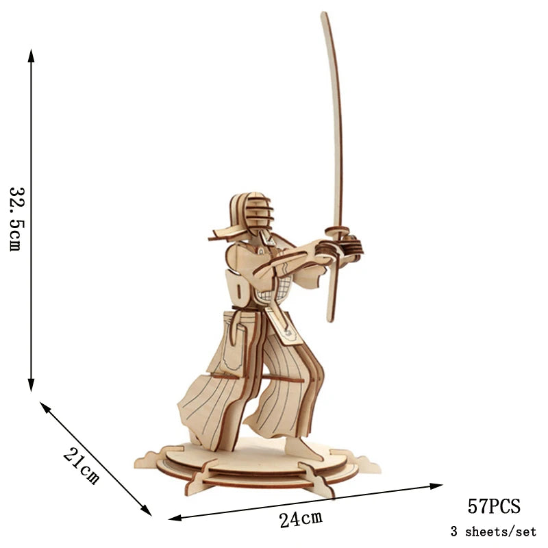 Wooden 3D puzzle soldier figurine with raised sword, 57 pieces