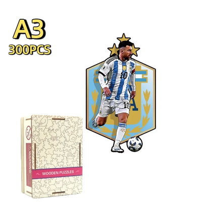 A3 300-piece wooden football jigsaw puzzle set with Argentina player mid-kick and box