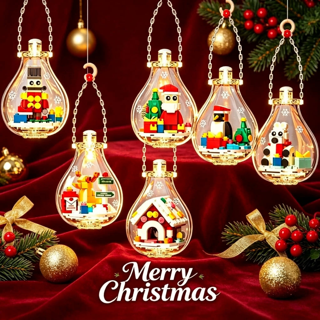 Christmas building ornament set of six hanging clear bulbs with miniature brick scenes