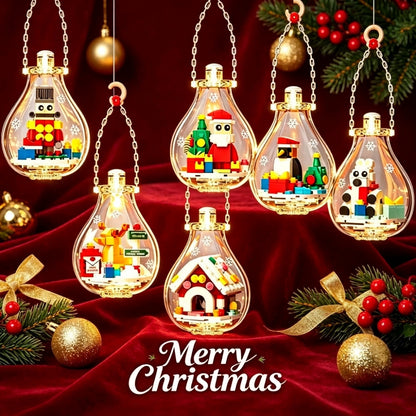 Christmas building ornament set of six hanging clear bulbs with miniature brick scenes