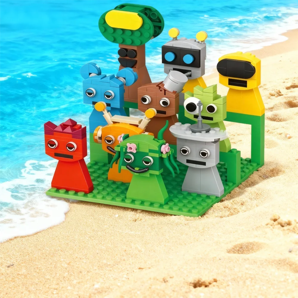 Cluster of colorful block character robots with antennas and friendly faces