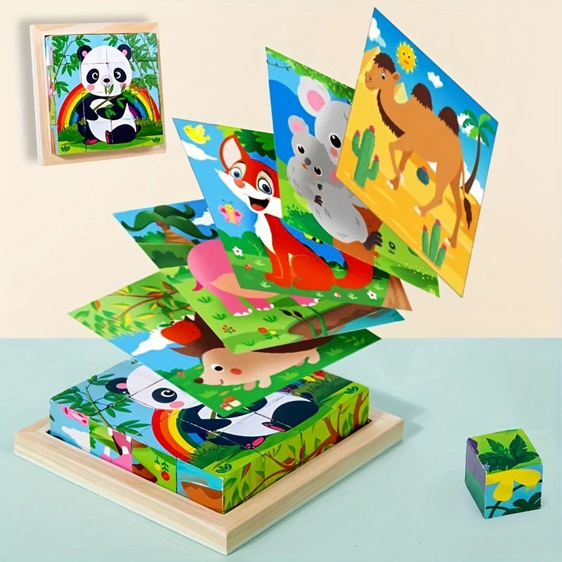 Wooden cube animal puzzle with stacked animal picture tiles on a wooden base