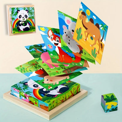 Wooden cube animal puzzle with stacked animal picture tiles on a wooden base