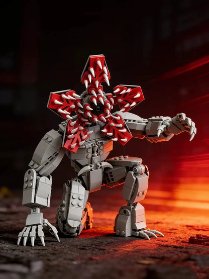Gray and red brick-built monster robot posed with oversized red spiked core