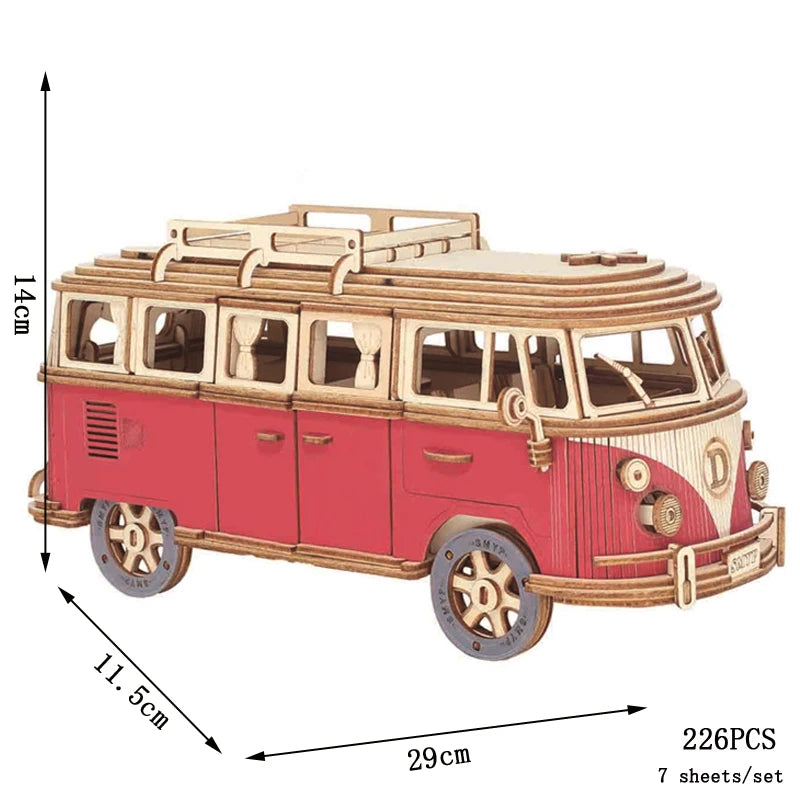 Blue and red 3D wooden bus puzzle with roof rack and front grille detail