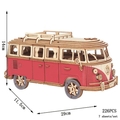 Blue and red 3D wooden bus puzzle with roof rack and front grille detail