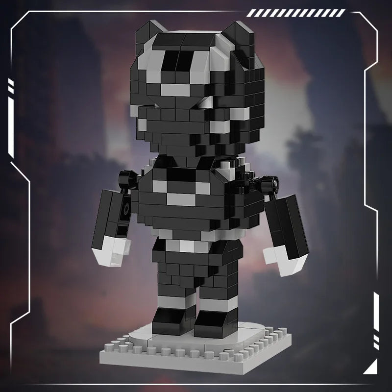 Mini brick hero figure in black and gray with a cape-like back detail on gray base