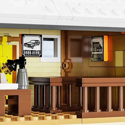 Winter cottage interior with wall frames, brown counter, and kettle on table
