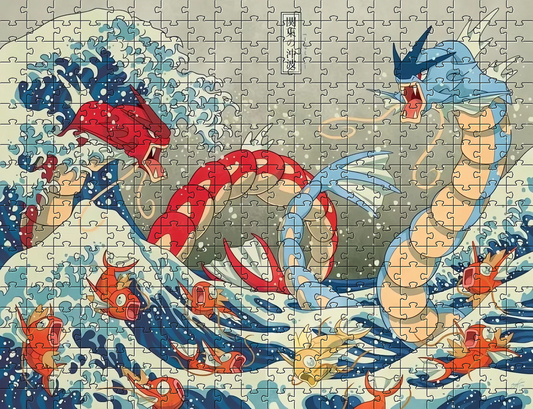 Completed jigsaw puzzle scene with a blue dragon, red dragon, and foamy waves